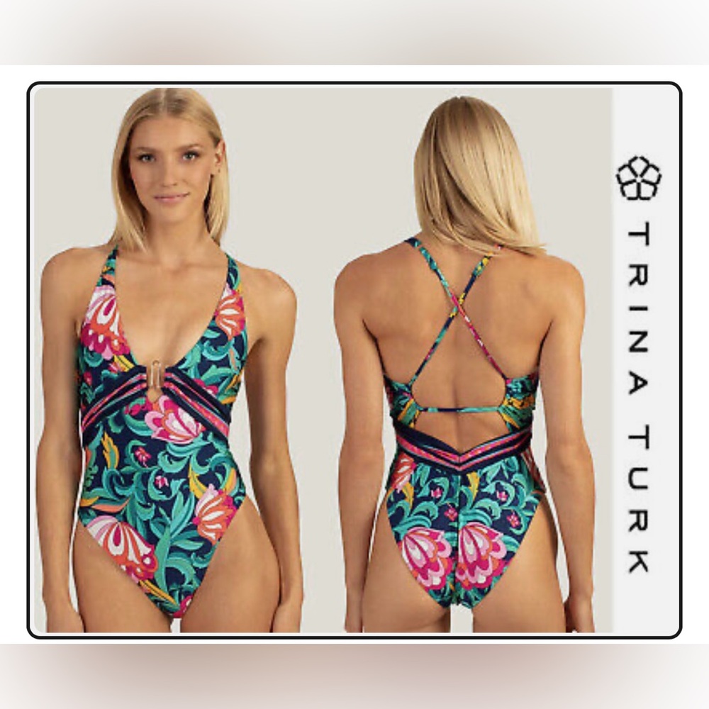 Trina Turk Women's India Garden‎ Plunge One Piece swimsuit size 2 NWT floral